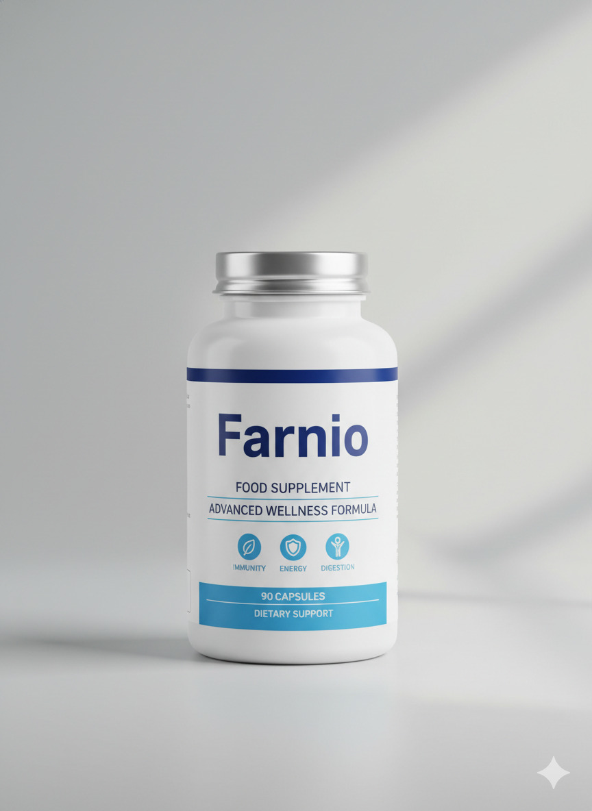 Farnio food supplement bottle on a neutral surface